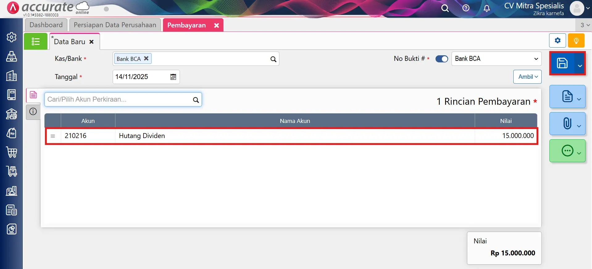 mencatat pembagian deviden